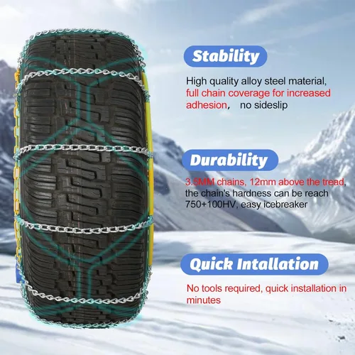 Miniatura 4 de Cadenas de nieve para automóviles, 2 x 12 mm, instalación rápida de 30 segundos de cadenas de neumáticos con tensor automático, cadena de tracción
