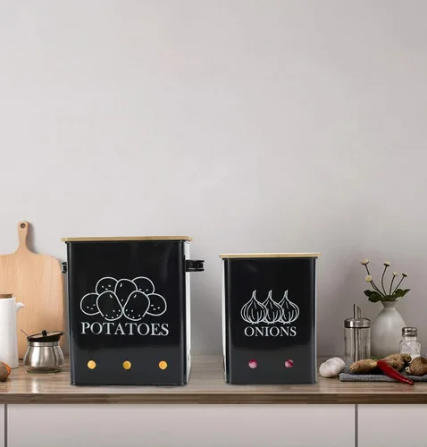 Miniatura 6 de Juego de 2 latas de almacenamiento de verduras de cocina, cebolla y papas con tapa de madera y agujeros de aireación, organizador de contenedor