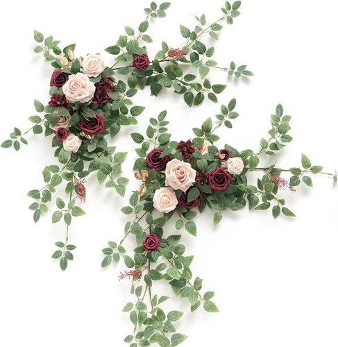 Ling's moment 2 piezas de guirnaldas florales artificiales como centros de mesa color burdeos, arreglos de flores y vegetación para boda, decoración