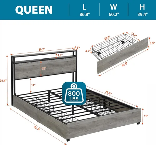 Miniatura 2 de Kiivakii Base de cama Queen con cabecero, base de cama de plataforma LED con 4 cajones de almacenamiento, estación de carga integrada, sin ruido