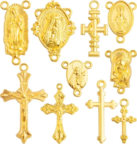 Miniatura 9 de 50 piezas Dijes de Cruz y Centro de Rosario Medalla Milagrosa Colgantes de Crucifijo de Jesús Tibetano Eslabones de Araña Ovalados de Virgen María