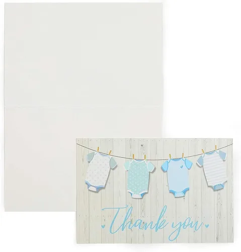 Miniatura 8 de Pipilo Press Tarjetas de agradecimiento para baby shower con sobres y calcomanías para niño, diseño de tendedero azul de 6 x 4 pulgadas, paquete