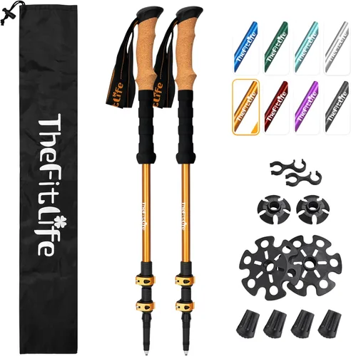 Miniatura 7 de TheFitLife Bastones de senderismo para senderismo y caminar, aluminio ligero 7075 con bloqueo de metal y agarre de corcho natural, bastones