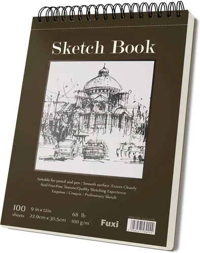 Cuaderno de bocetos de 9 x 12 pulgadas, bloc de bocetos con espiral superior, paquete de 1 bloc de 100 hojas (68 libras/3.53 oz/m² - 100 g/m2),