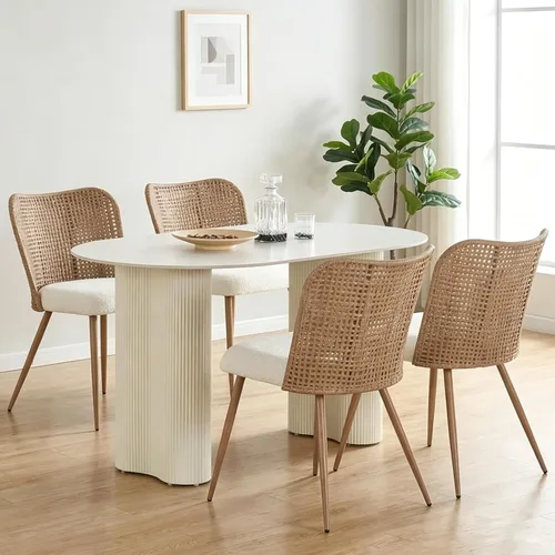 Miniatura 8 de Juego de 4 sillas de comedor de ratán, sillas modernas tapizadas de bouclé para cocina con respaldo de caña de PE y patas de metal