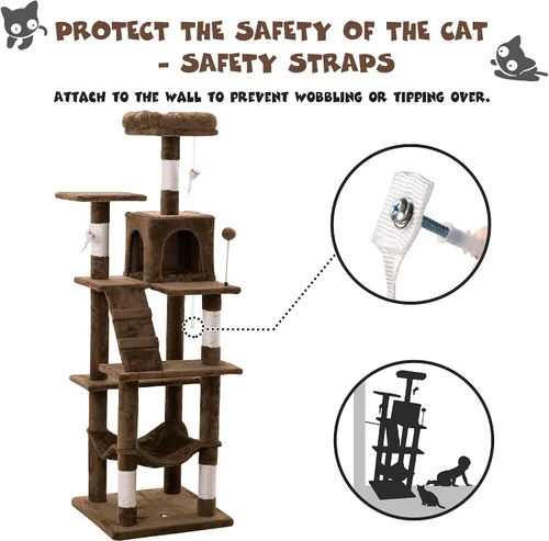 Miniatura 9 de MWPO - Árbol para gatos, multiestructura para gatos grandes con postes rascadores de sisal, plataforma acolchada, hamaca y condominio, torre Marrón