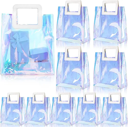 Miniatura 8 de CHENGU 10 bolsas iridiscentes, holográficas, transparentes, reutilizables, para cumpleaños, PVC, 7 x 8 x 4 pulgadas, bolsas con asa de compras, a