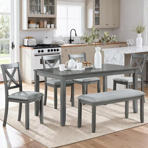 Miniatura 10 de Elegante juego de mesa de comedor de madera de 6 piezas con 4 sillas de respaldo de listones y un banco, juego de mesa de comedor de cocina para 6
