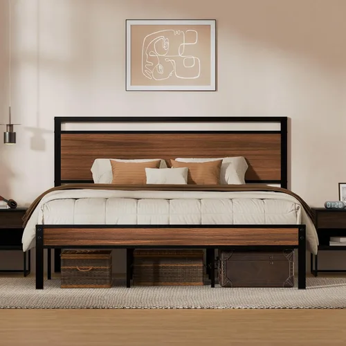 Miniatura 20 de Z-hom Cama de plataforma de metal resistente de fácil montaje, marco de cama tamaño Queen con cabecero y estribo, soporte antideslizante y Marrón