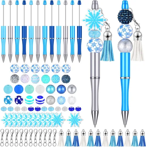 Jutom Los kits de 12 bolígrafos de invierno incluyen 50 piezas de cuentas de colores, borlas y colgantes de copo de nieve, cuentas focales surtidas,