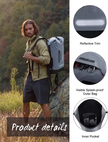 Miniatura 3 de IDRYBAG Mochila impermeable para hombres 20L/30L/40L, bolsa seca flotante para kayak, mochila seca para senderismo Gris