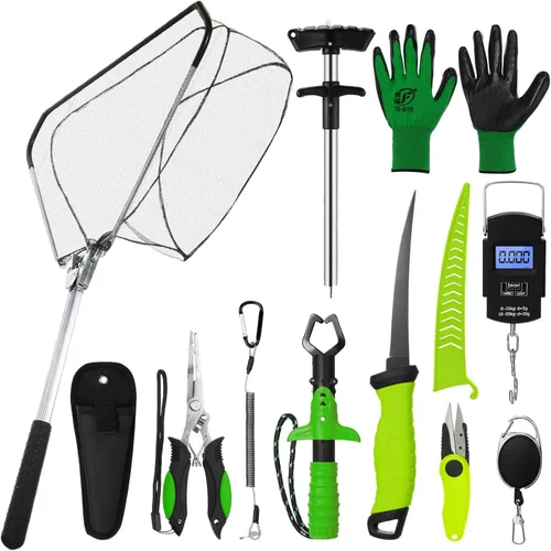 RoundFunny Kit de herramientas de pesca de 10 piezas, alicates de pesca con cordón y fundas protectoras, salabre, cuchillo de filete, balanza de