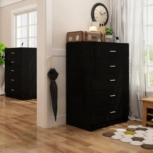 Miniatura 2 de GEPELCN Cómoda para dormitorio con tomas de corriente, cómoda de madera con 5 cajones con gran espacio de almacenamiento, cómoda negra con riel