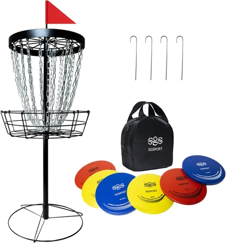 Disc Golf Basket - Portable Disc Golf Target with Heavy Duty 24-Chains Come with 6pcs Disc Golf Discs and Carry Bag, Ground Stake -Suitable for