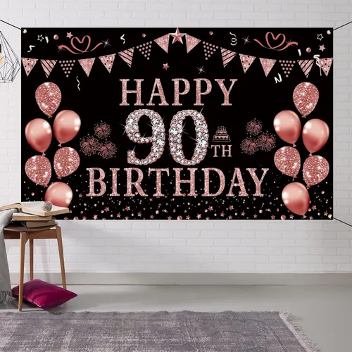 Trgowaul Decoraciones de cumpleaños de 90 años de color oro rosa para mujer, pancarta de fondo de cumpleaños de 90 años para mujer, suministros de