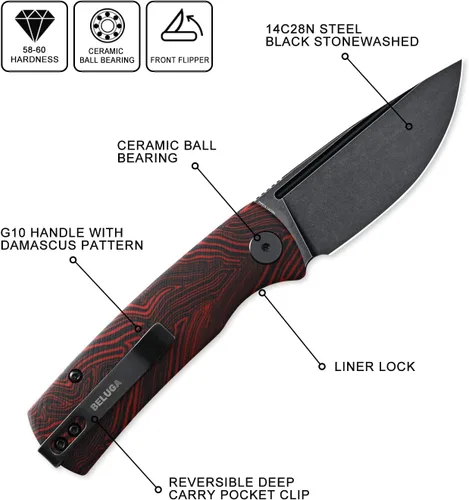 Miniatura 2 de Petrified fish PFP01X Beluga, Cuchillo plegable táctico con bloqueo de revestimiento frontal, hoja de 2.99" con arena 14C28N, 95.6g, mango G10