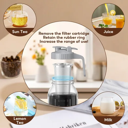 Miniatura 7 de Paquete de 2 tarros de café frío de 64 onzas, máquina de café frío de vidrio grueso con asa, filtro de acero inoxidable y tapa a prueba de fugas