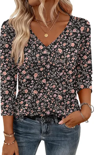 Miniatura 10 de Zeagoo Camisetas de manga 3/4 para mujer, cuello en V, blusa casual elegante, camisetas básicas 2026, ropa de moda S-2XL