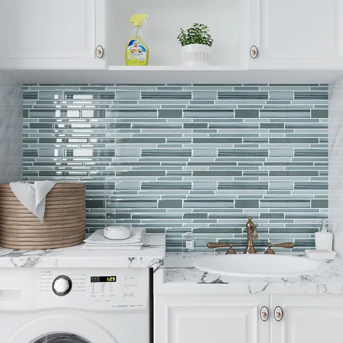 Miniatura 5 de VEELIKE 24 hojas de mosaico para despegar y pegar en muro de cocina, azulejos azules adhesivos para baño, azulejos adhesivos impermeables