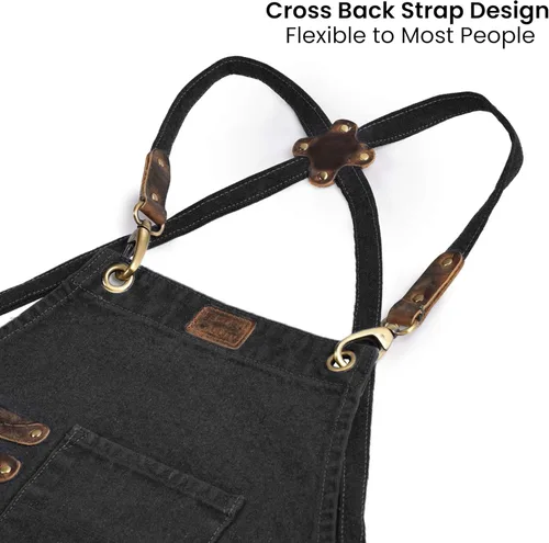 Miniatura 3 de LEATHER VILLAGE Delantales de chef para hombres y mujeres con bolsillos grandes, delantal de trabajo ajustable de lona de algodón con espalda Negro