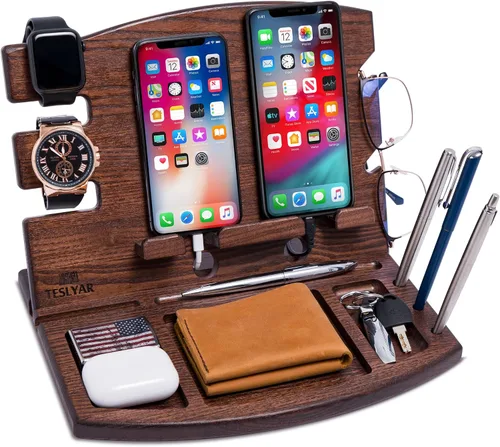 TESLYAR Estación de acoplamiento de madera para teléfono con ceniza natural soporte para llaves de teléfono organizador de relojes para hombres