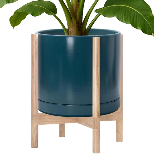 Miniatura 32 de D'vine Dev Maceta de cerámica con soporte de ébano – Maceta redonda moderna de 8 pulgadas con soporte para maceta de madera, color negro, 55-B-M-2