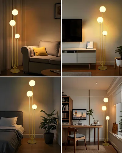 Miniatura 2 de Lightdot Lámpara de pie dorada de 63 pulgadas, regulable, 3 luces, globo LED, con 3000 K, blanco cálido suave para boda/fiesta, portavelas, lámpara