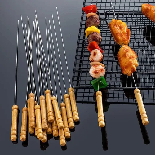 Miniatura 6 de Utoolmart Pinchos de barbacoa de acero inoxidable, palitos reutilizables para barbacoa, mango de madera para barbacoa, camping, utensilios