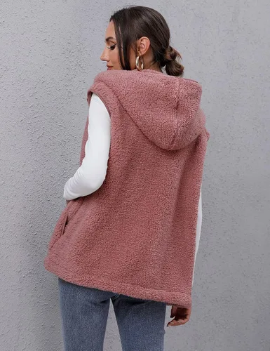 Miniatura 6 de TFSDOD Chaleco de forro polar sherpa para mujer, acogedor, sin mangas, con bolsillo, chaleco con capucha y cremallera para mujer