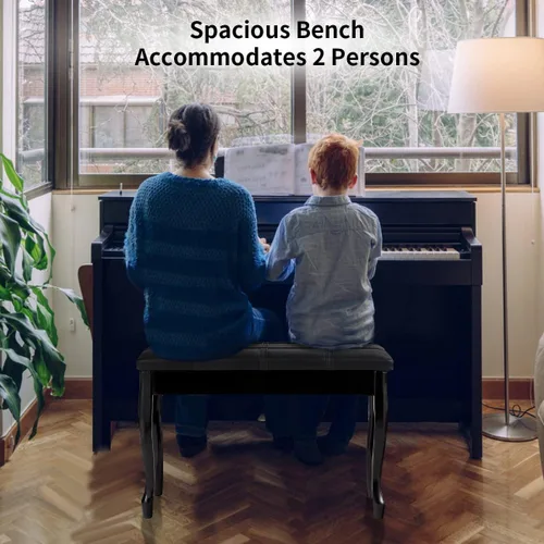 Miniatura 2 de HAPPYGRILL Banco de piano con cojín acolchado de piel sintética, cómodo taburete de asiento doble con almacenamiento y pata de madera maciza
