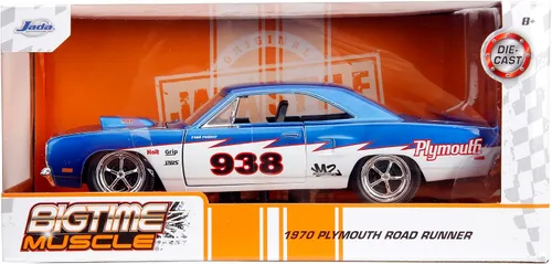 Miniatura 8 de Jada Big Time Muscle 1:24 1970 Plymouth Roadrunner - Auto fundido a presión, juguetes para niños y adultos (azul caramelo/blanco)