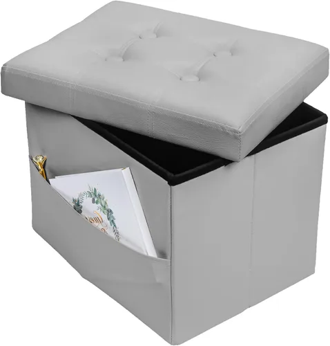 Miniatura 9 de Bsketa Otomana Taburete Reposapiés de Almacenamiento, Banco Pequeño de Otomanas de Almacenamiento de Cuero, Taburete Plegable con Tapa con Asas