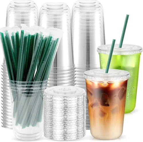 Miniatura 11 de 50 vasos de plástico transparente de 12 onzas con tapas y pajitas verde oscuro, fondo redondo desechables para llevar tazas de café helado, tazas