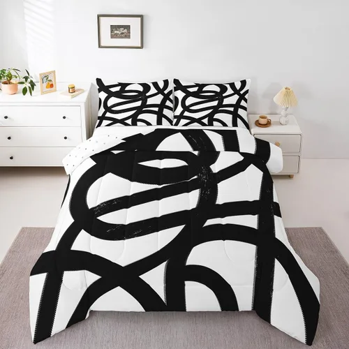 Feelyou Juego de edredón a rayas blancas y negras para niños y niñas, tamaño individual, inserto de edredón de arte abstracto, juego de ropa de cama