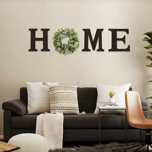 Miniatura 8 de Cartel colgante de madera con letras en inglés «HOME» (Hogar) con corona de eucalipto artificial para la letra «O», decoración de pared estilo Negro