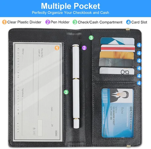 Miniatura 2 de Funda de chequera para chequera personal, funda de registro RFID con soporte para bolígrafo y divisor de plástico transparente integrado