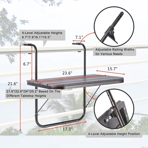 Miniatura 2 de Balcón Barandilla Mesa Colgante Al Aire Libre Plegable Marrón Aluminio Metal Mesa Lateral Ajustable 23.6"L x 15.7"W