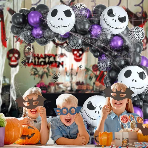 Miniatura 4 de Kit de guirnalda de arco de globos para decoración de Halloween, 101 piezas de globos de látex de confeti morado metálico y negro mate, con globos