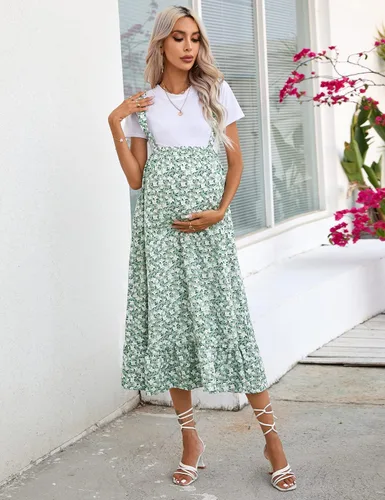 Miniatura 2 de KOJOOIN Falda larga de maternidad para mujer, cintura alta, estilo bohemio, de verano, casual, con volantes, falda larga para embarazo