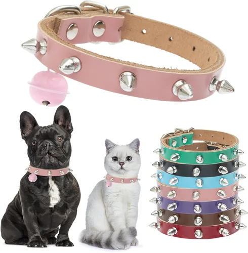 Miniatura 10 de BINGPET Collar de piel con clavos para gatos con campanas, collar de perro tachonado con hebilla, collares góticos suaves para gatitos con púas