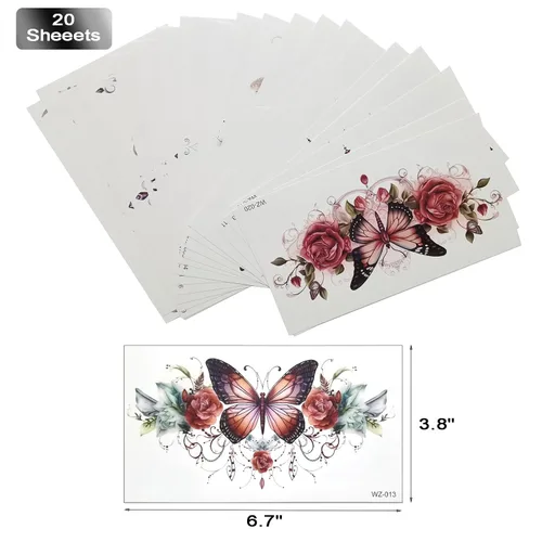Miniatura 6 de Tatuajes temporales de flores sexys, mariposas, 20 hojas grandes, flores rojas, encaje, ombligo, busto, estómago, glúteos, piernas, brazos, parte