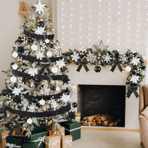 Miniatura 5 de Poen Juego de 108 adornos para árbol de Navidad, incluye bolas para árbol navideño, flor de pascua con purpurina, lazos, bayas, tallos, hojas, copos