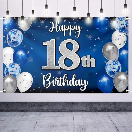 Decoraciones de Feliz Cumpleaños Número 18, Globo Azul y Plateado Pancarta Grande de Cumpleaños Letrero de Fondo, Salud por Dieciocho Años 18º