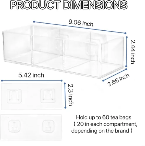 Miniatura 3 de Organizador de Bolsitas de Té con Capacidad para hasta 60 Bolsitas de Té, Té con 3 Compartimentos, Caja de Té de Montaje Adhesivo en Pared
