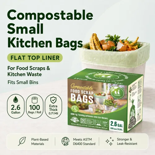 Miniatura 2 de Bolsas de basura compostables UNNI, 2.6 galones / 9.84 litros, 100 unidades, extra gruesas de 0.71 mil, forros para contenedores pequeños de restos