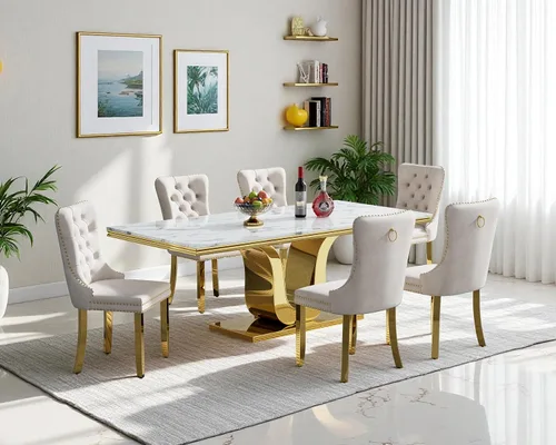 Miniatura 76 de Juego de mesa de comedor de mármol sintético, 7 piezas, juego de mesa de cocina y comedor para 6, mesa de comedor rectangular blanca de 70 pulgadas