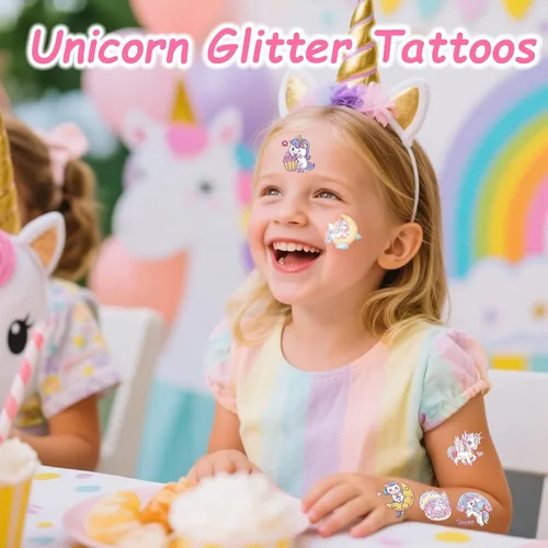 Miniatura 4 de Tatuajes de unicornio de sirena con purpurina para niñas, 180 tatuajes de mariposa individualmente con purpurina temporal para niños, diseño