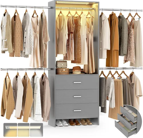 Miniatura 11 de Aheaplus Sistema de Armario, Organizador de Armario con 3 Cajones de Madera, Sistema Organizador de Armario, Armario Walk-in con Perchero para Ropa