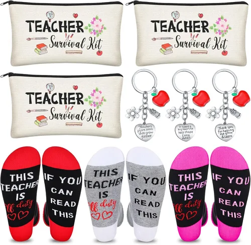 Sureio Juego de 9 piezas de regalo de agradecimiento a los profesores, bolsas de supervivencia de flores, calcetines divertidos y llaveros para