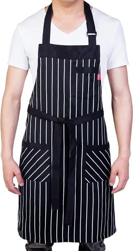 Miniatura 8 de Delantal de cocina ajustable con bolsillos y cintas largas para mujeres y hombres, negro, blanco (4), 1 unidad
